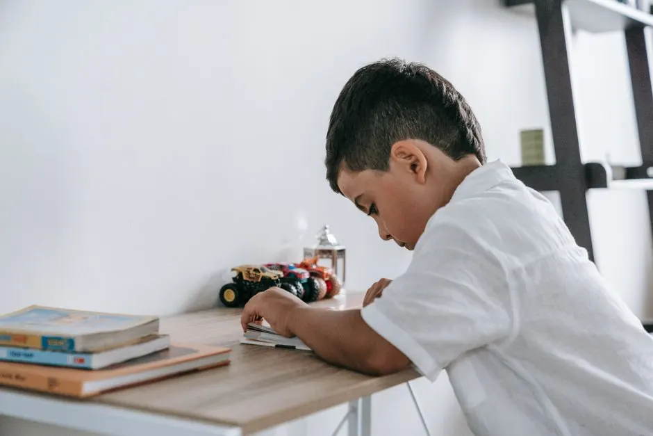 Boy studying at a wooden desk with books and toy cars
