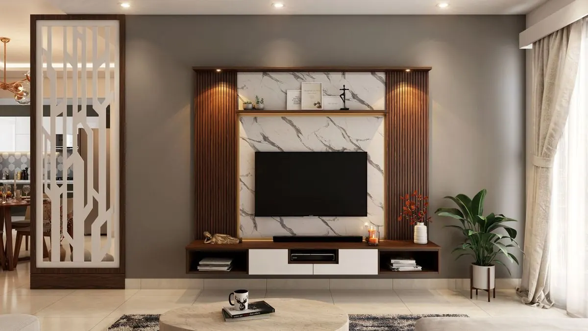Living room wall unit with marble back panel, fluted wood sides and LED lighting