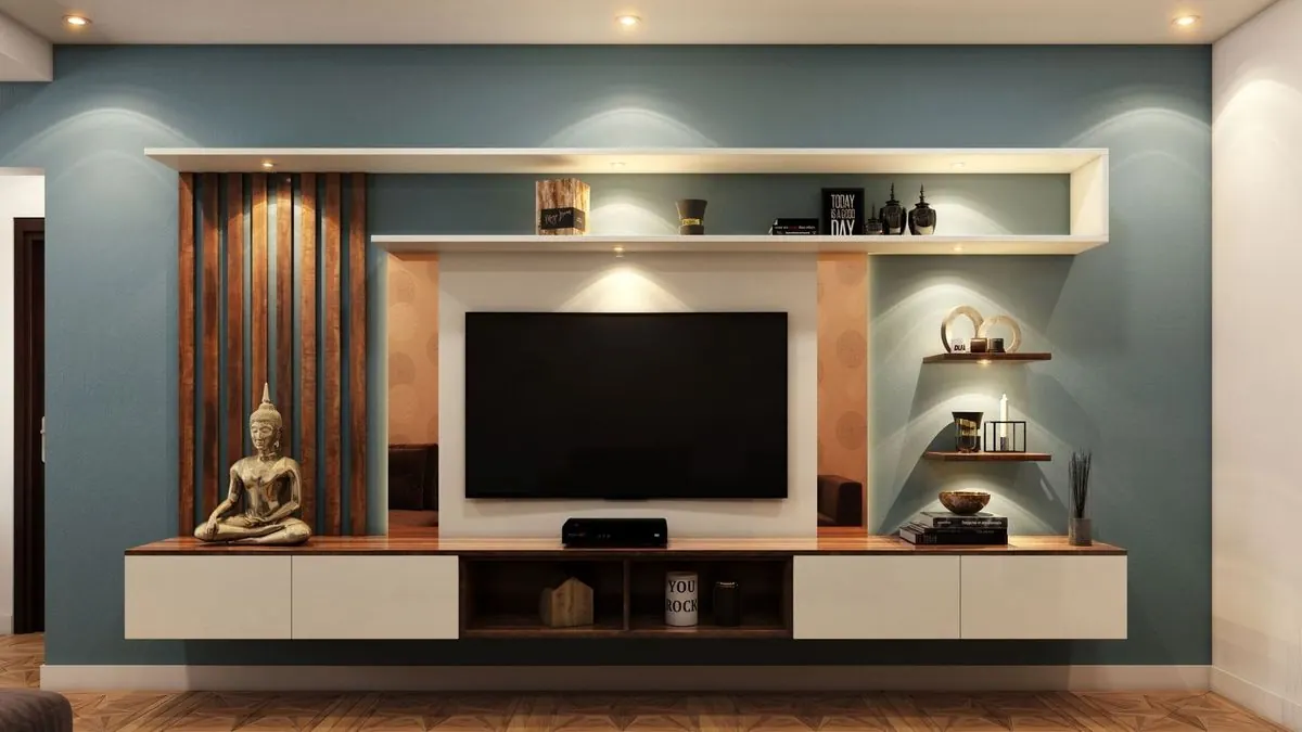 Floating TV unit with shelves and closed cabinets on a coloured accent wall