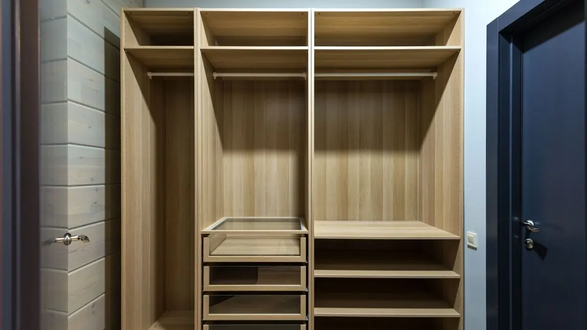 Wooden bedroom wardrobe interior with hanging rails, drawers and open shelves